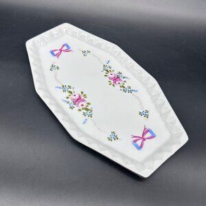 Vintage Vanity Tray Floral Bow Hexagonal White Pink Rose Flowers Cottage Granny